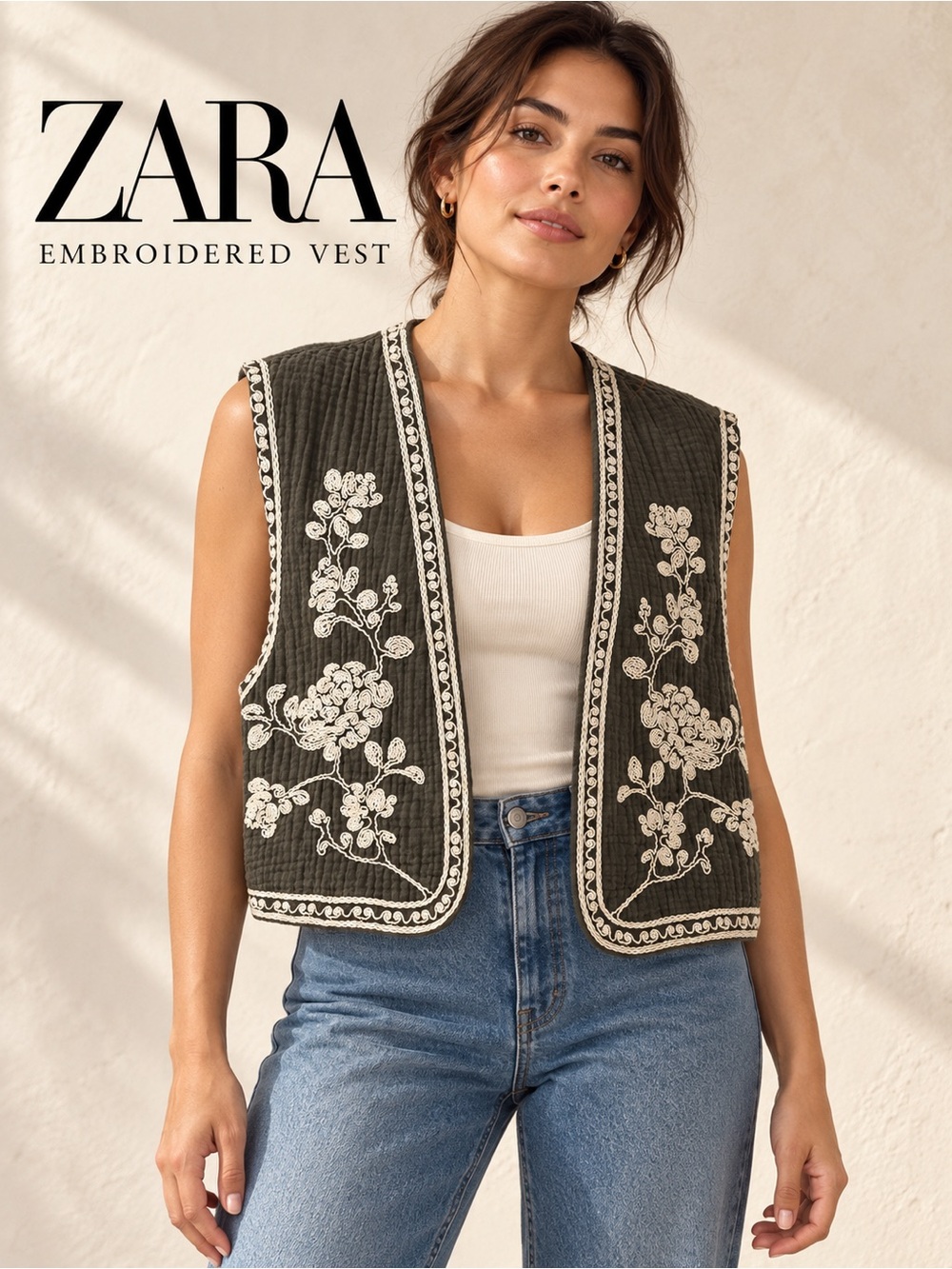 NWT Zara Embroidered Floral Open Front Vest Khaki Olive Green Boho Coquette M